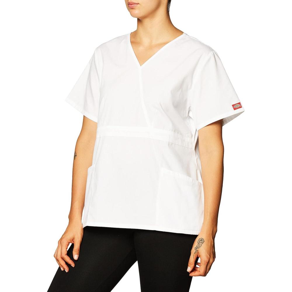 image:imageDickies EDS Signature Scrubs for Women Empire Waist Mock Wrap Top in Soft Brushed Poplin 86806White
