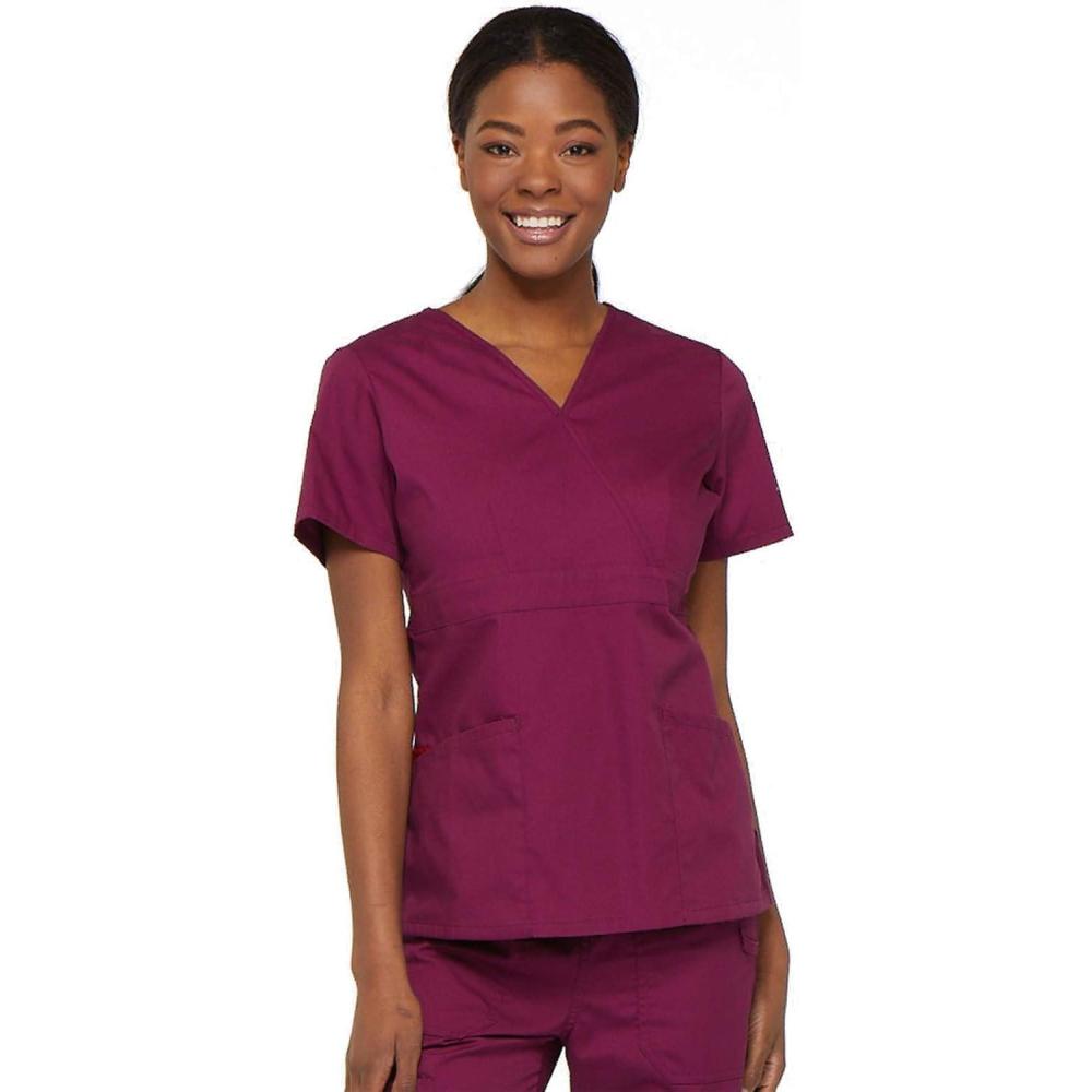 image:imageDickies EDS Signature Scrubs for Women Empire Waist Mock Wrap Top in Soft Brushed Poplin 86806Wine
