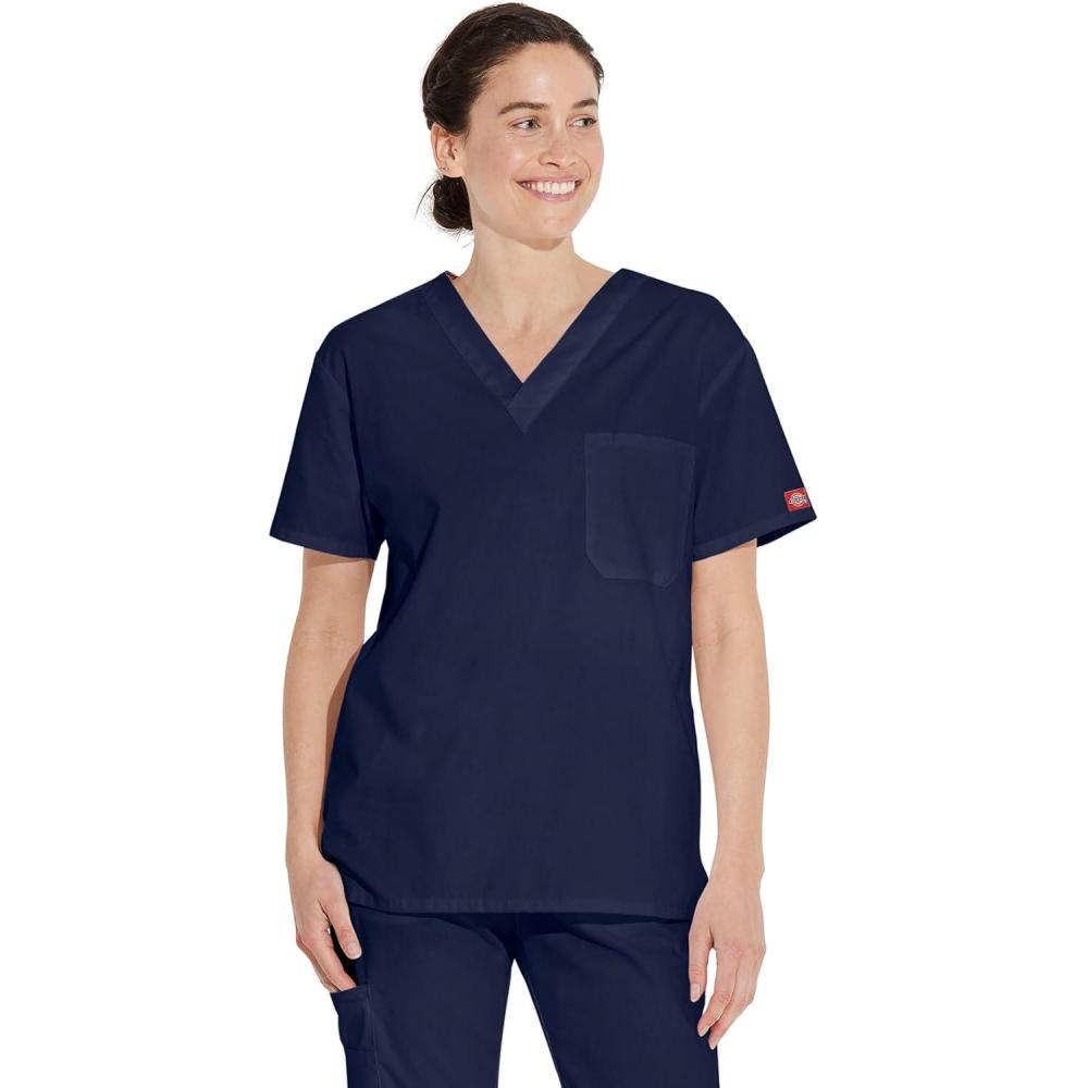 image:imageDickies EDS Signature Scrubs for Women and Scrubs for Men Unisex One Pocket VNeck Top in Soft Brushed Poplin 83706Navy