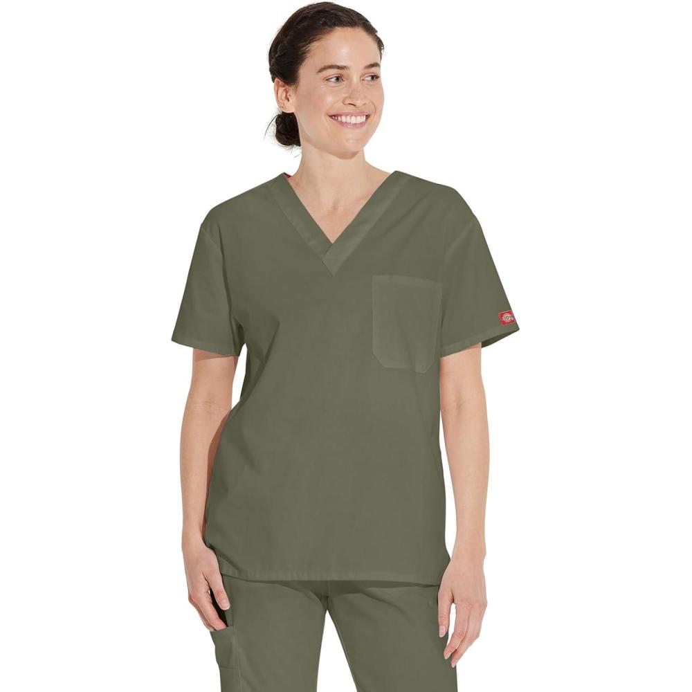 image:imageDickies EDS Signature Scrubs for Women and Scrubs for Men Unisex One Pocket VNeck Top in Soft Brushed Poplin 83706Olive