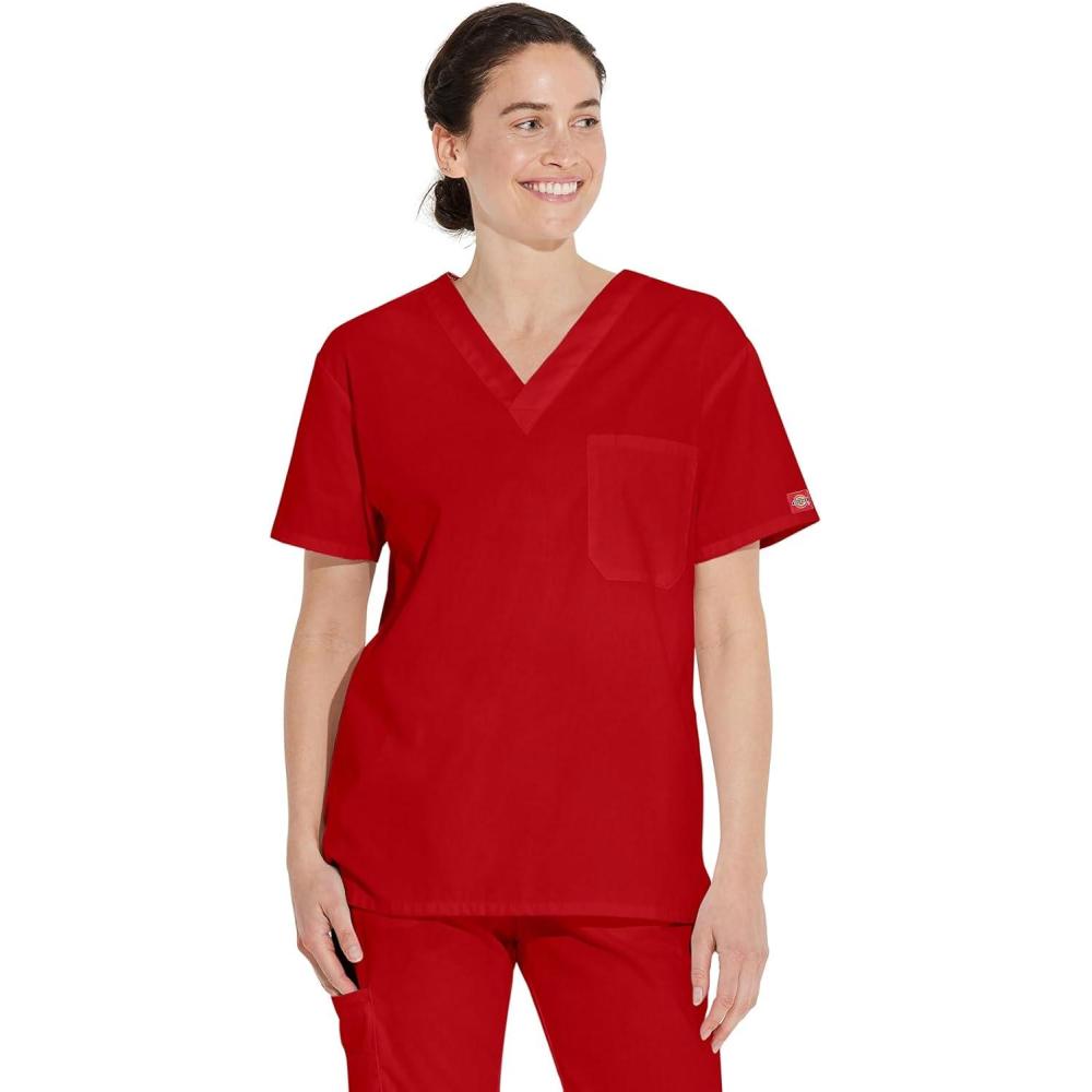 image:imageDickies EDS Signature Scrubs for Women and Scrubs for Men Unisex One Pocket VNeck Top in Soft Brushed Poplin 83706Red