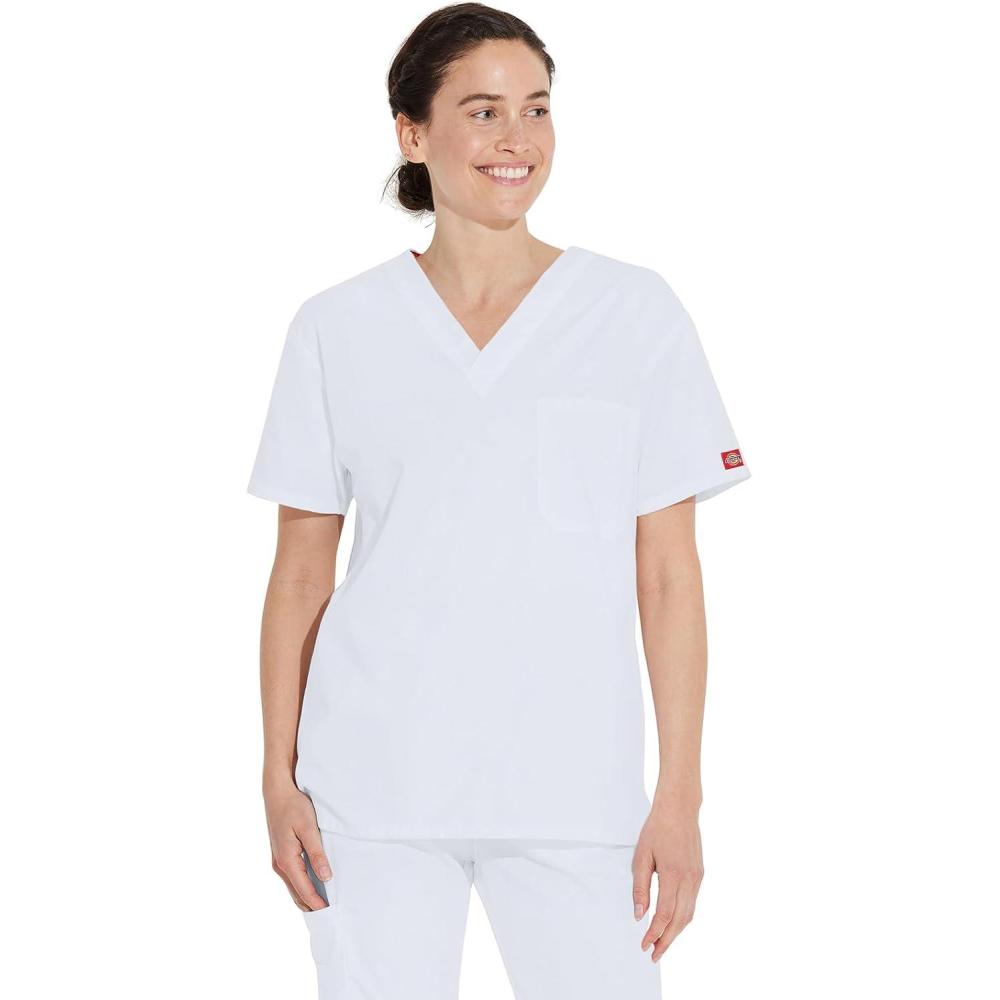 image:imageDickies EDS Signature Scrubs for Women and Scrubs for Men Unisex One Pocket VNeck Top in Soft Brushed Poplin 83706White