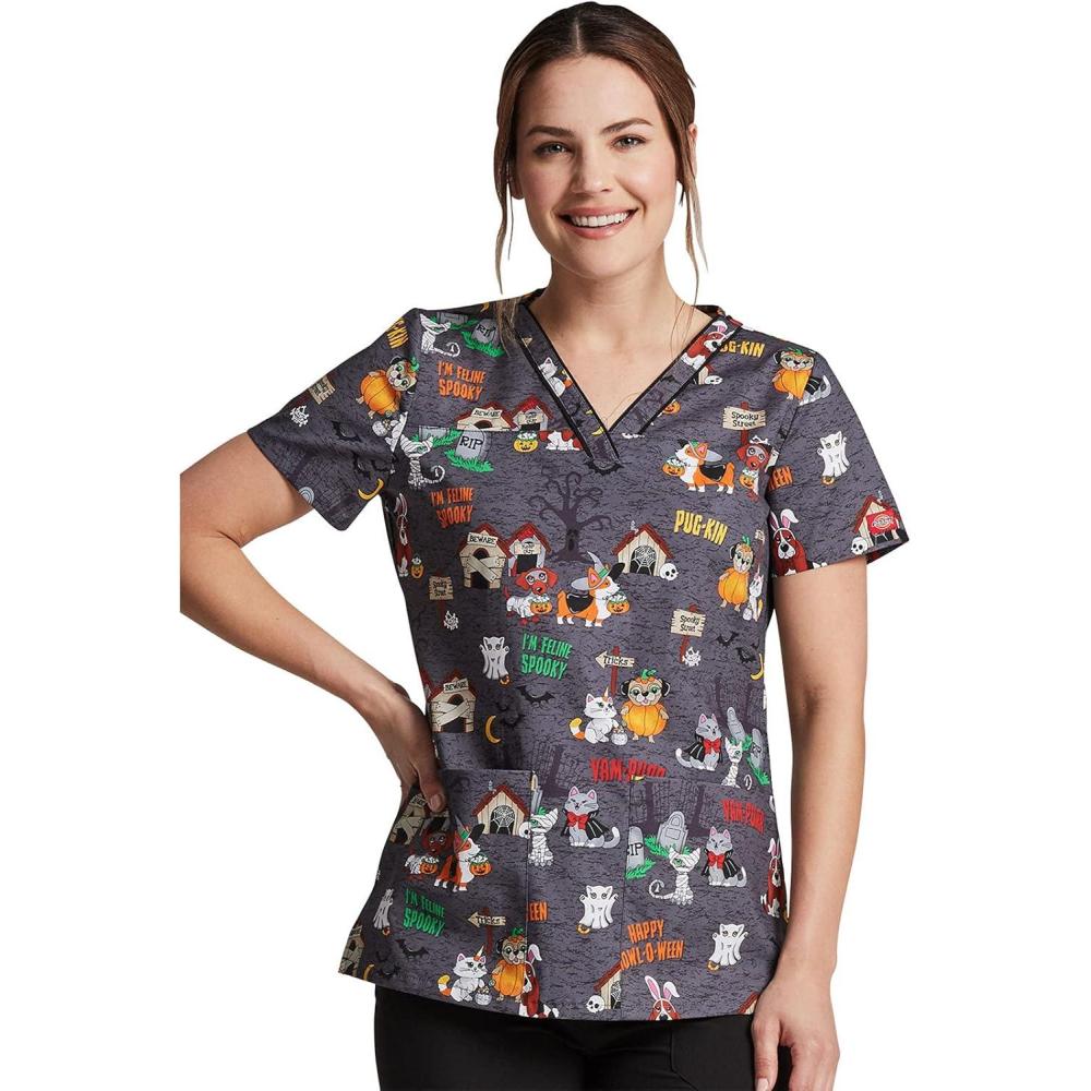 image:imageDickies EDS Women Scrubs Top VNeck Print DK876Howloween Friends