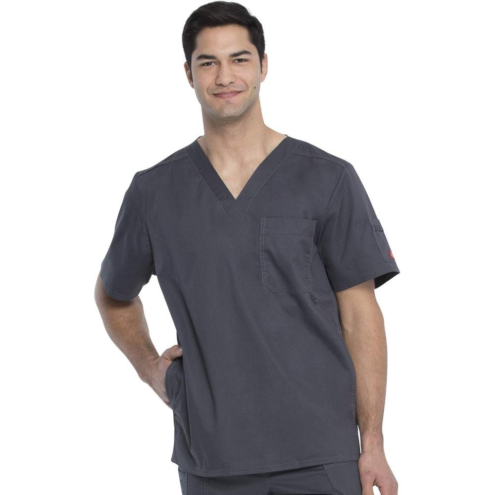 image:imageDickies Mens VNeck Scrub Top with 5 Pockets  Medical amp Nursing Uniform Shirt Side Vents  81906Dark Pewter
