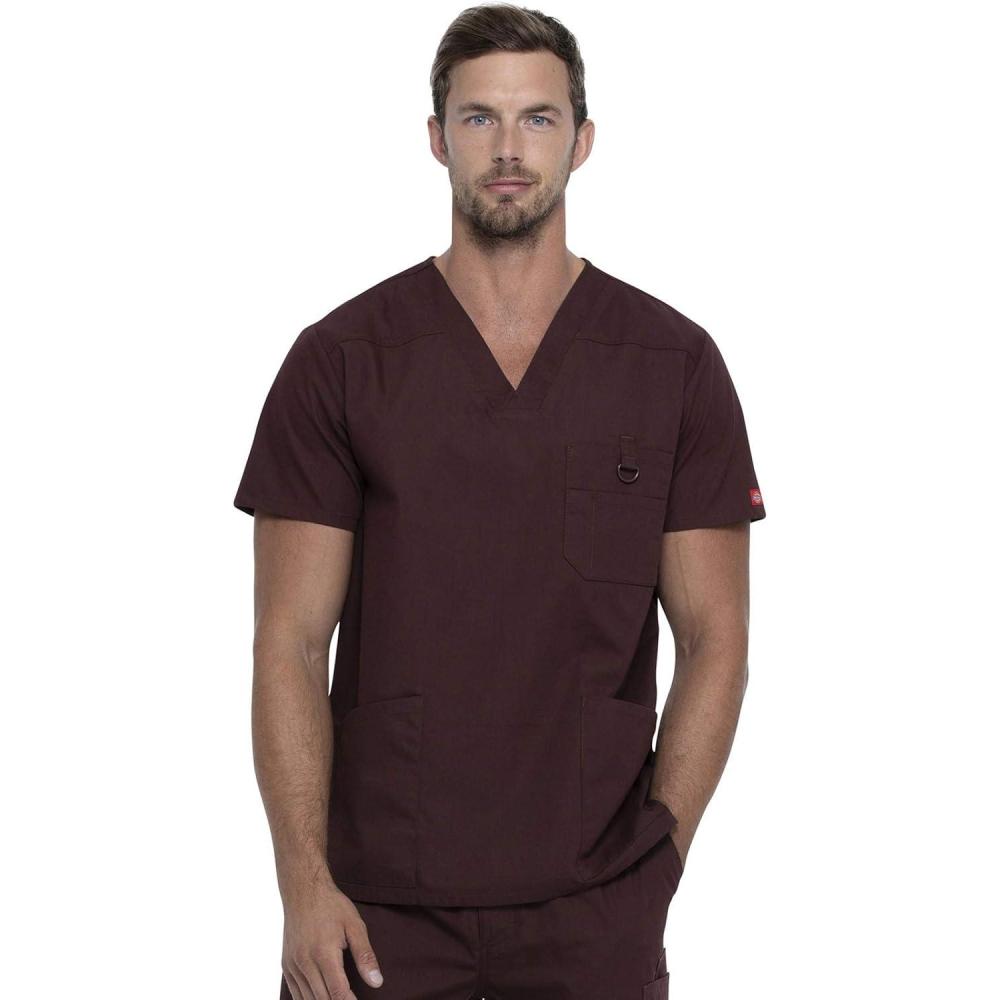 image:imageDickies Mens VNeck Scrub Top with 5 Pockets Medical amp Nursing Uniform Shirt Side Vents 81906Espresso