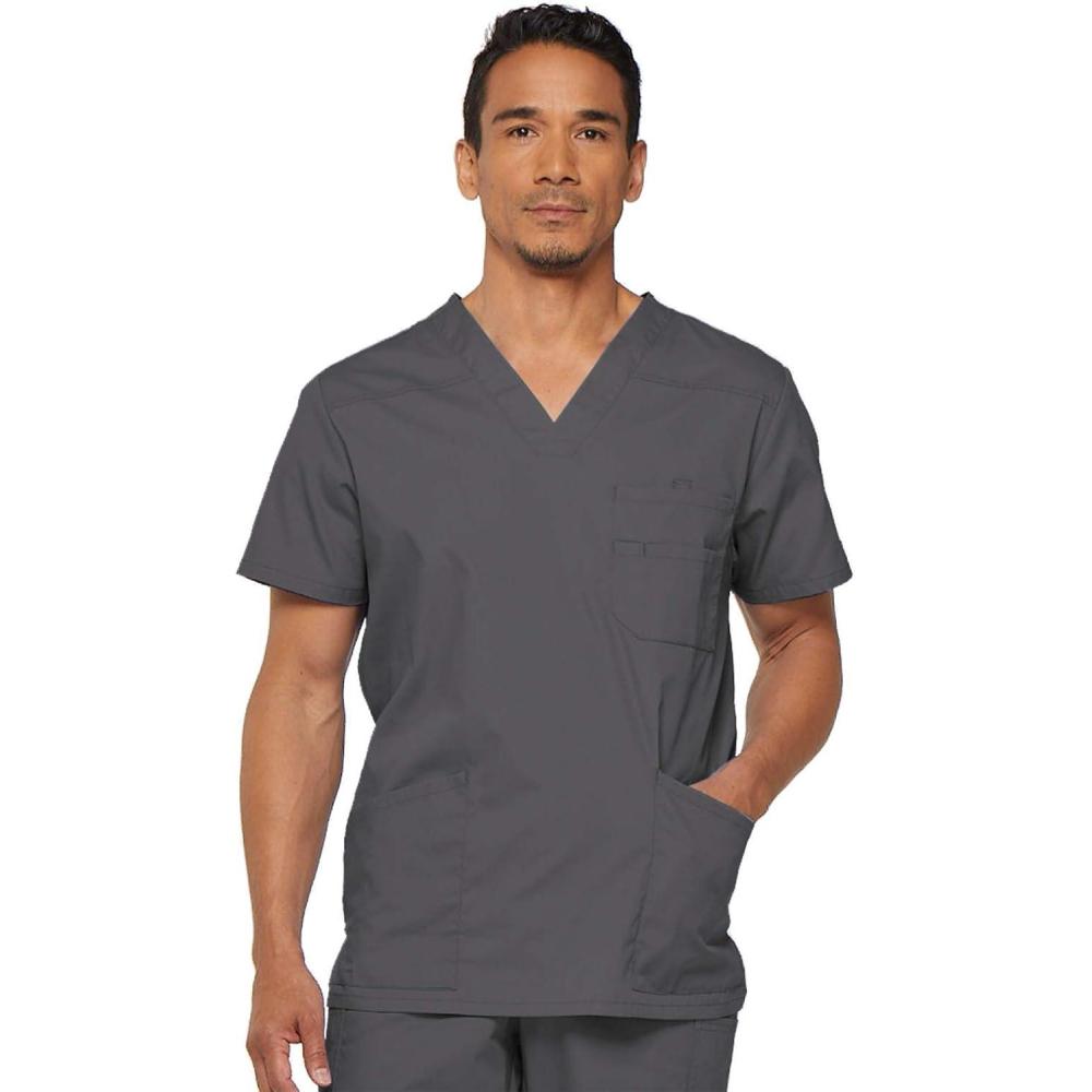 image:imageDickies Mens VNeck Scrub Top with 5 Pockets Medical amp Nursing Uniform Shirt Side Vents 81906Pewter