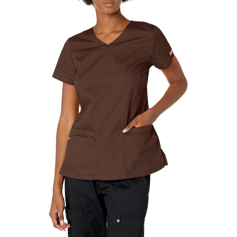 image:imageDickies Scrubs Top for Women VNeck Womens Scrub Tops Contemporary Fit with 4 Pockets  85906Chocolate