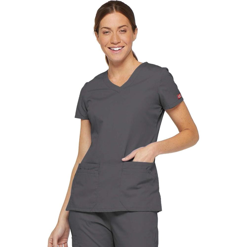 image:imageDickies Scrubs Top for Women VNeck Womens Scrub Tops Contemporary Fit with 4 Pockets  85906Pewter
