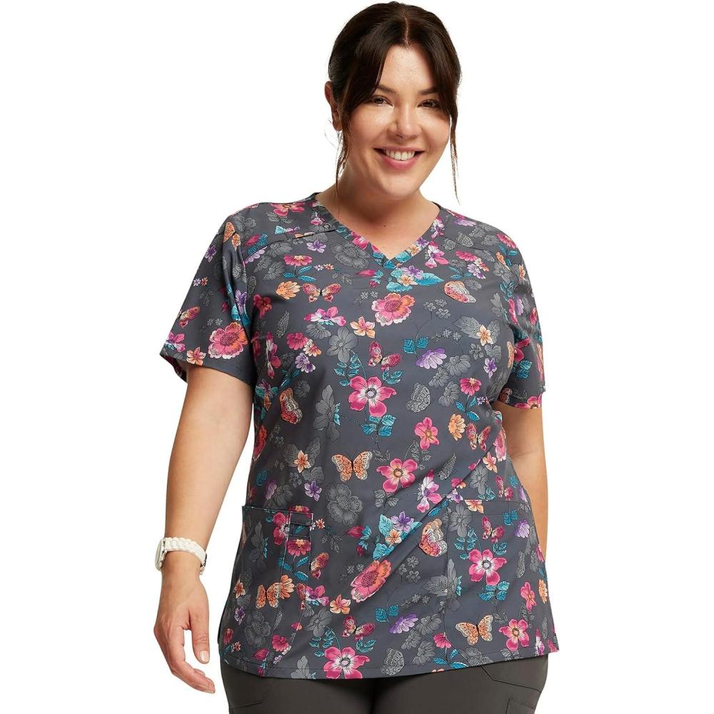 image:imageDickies Womens Scrub Top Printed VNeck Medical Top with 2 Pockets Snap Tab amp Instrument Loops DK616Butterflies Abloom
