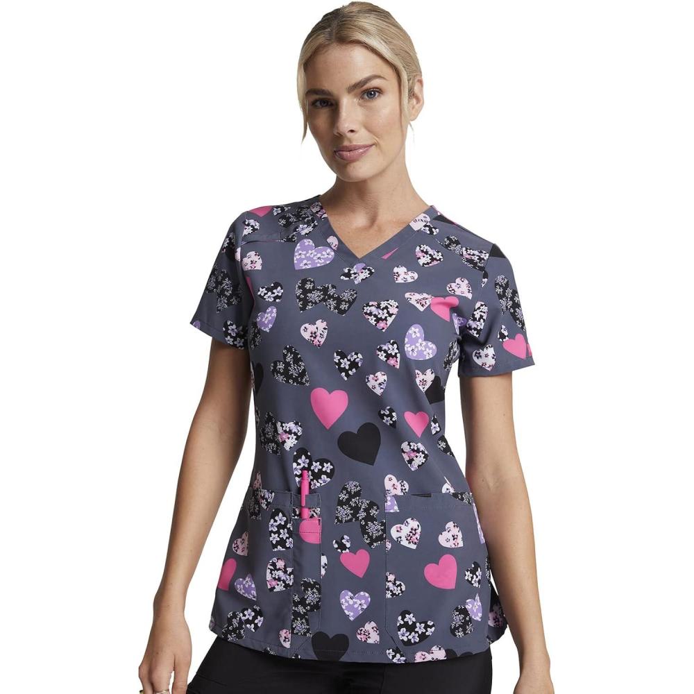 image:imageDickies Womens Scrub Top Printed VNeck Medical Top with 2 Pockets Snap Tab amp Instrument Loops  DK616Loving Blooms