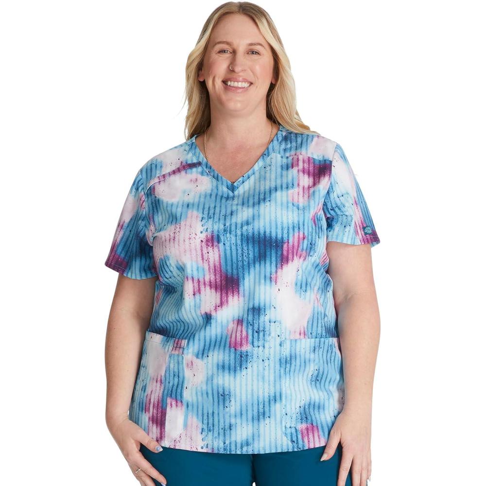 image:imageDickies Womens Scrub Top Printed VNeck Medical Top with 2 Pockets Snap Tab amp Instrument Loops DK616Splatter Stripes