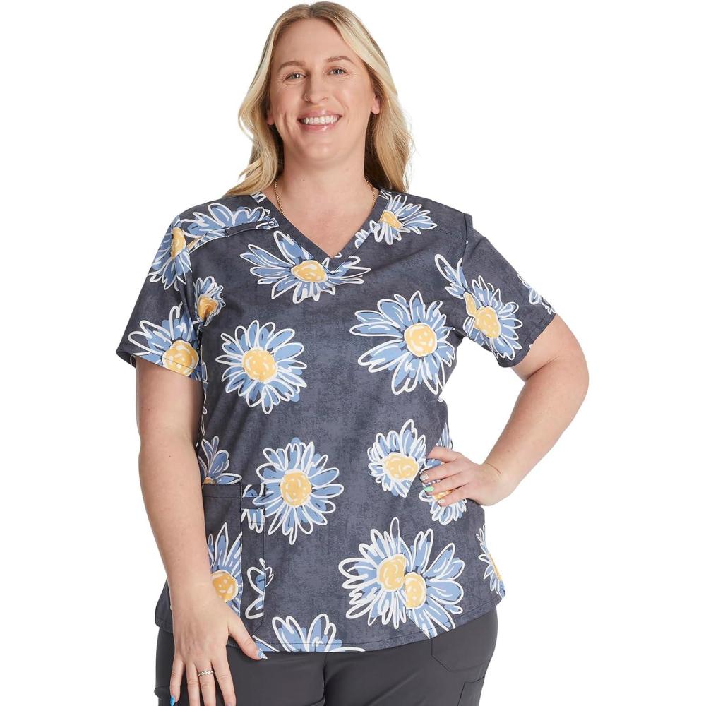 image:imageDickies Womens Scrub Top Printed VNeck Medical Top with 2 Pockets Snap Tab amp Instrument Loops DK616Sunflower Doodle