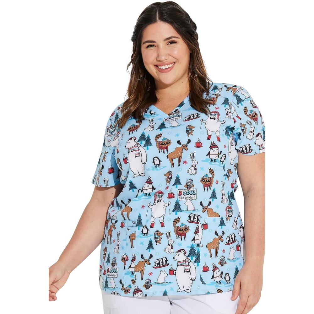 image:imageDickies Womens Scrub Top Printed VNeck Medical Top with 2 Pockets Snap Tab amp Instrument Loops  DK616Wild About Winter