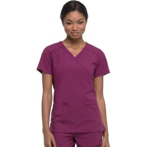 Dickies EDS Essentials, Mock Wrap Top Scrubs for Women with Four-Way Stretch and Moisture Wicking DK625(Wine)
