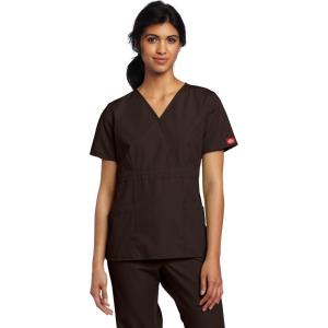 Dickies EDS Signature Scrubs for Women, Empire Waist Mock Wrap Top in Soft Brushed Poplin 86806(Chocolate)