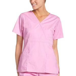 Dickies EDS Signature Scrubs for Women, Empire Waist Mock Wrap Top in Soft Brushed Poplin 86806(Cotton Candy)