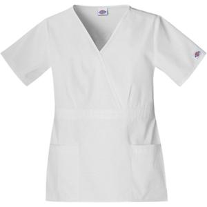 Dickies EDS Signature Scrubs for Women, Empire Waist Mock Wrap Top in Soft Brushed Poplin 86806(Dickies White)