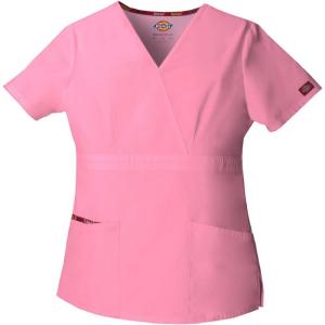 Dickies EDS Signature Scrubs for Women, Empire Waist Mock Wrap Top in Soft Brushed Poplin 86806(Pretty in Pink)