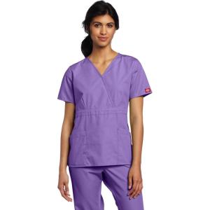 Dickies EDS Signature Scrubs for Women, Empire Waist Mock Wrap Top in Soft Brushed Poplin 86806(Violet)