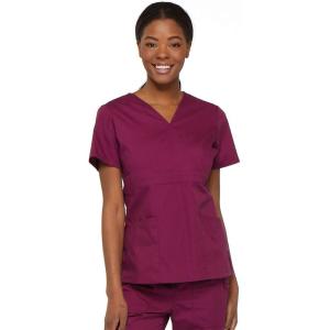 Dickies EDS Signature Scrubs for Women, Empire Waist Mock Wrap Top in Soft Brushed Poplin 86806(Wine)