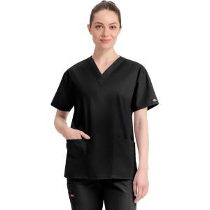 Dickies EDS Signature Scrubs for Women, V-Neck Womens Tops in Soft Brushed Poplin 86706(Black)