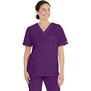 Dickies EDS Signature Scrubs for Women and Scrubs for Men, Unisex One Pocket V-Neck Top in Soft Brushed Poplin 83706(Eggplant)