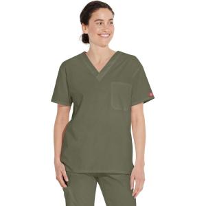 Dickies EDS Signature Scrubs for Women and Scrubs for Men, Unisex One Pocket V-Neck Top in Soft Brushed Poplin 83706(Olive)