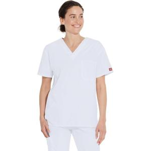 Dickies EDS Signature Scrubs for Women and Scrubs for Men, Unisex One Pocket V-Neck Top in Soft Brushed Poplin 83706(White)