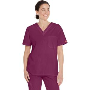 Dickies EDS Signature Scrubs for Women and Scrubs for Men, Unisex One Pocket V-Neck Top in Soft Brushed Poplin 83706(Wine)
