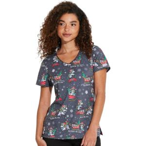 Dickies EDS Women Scrubs Top V-Neck Print DK852(Sleigh All Day Magic)
