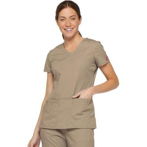 Dickies Scrubs Top for Women, V-Neck Womens Scrub Tops, Contemporary Fit with 4 Pockets – 85906(Dark Khaki)