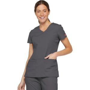 Dickies Scrubs Top for Women, V-Neck Womens Scrub Tops, Contemporary Fit with 4 Pockets – 85906(Pewter)