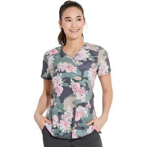 Dickies Women’s Scrub Top Printed V-Neck Medical Top with 2 Pockets, Snap Tab & Instrument Loops – DK616(Camo’s Abloom)