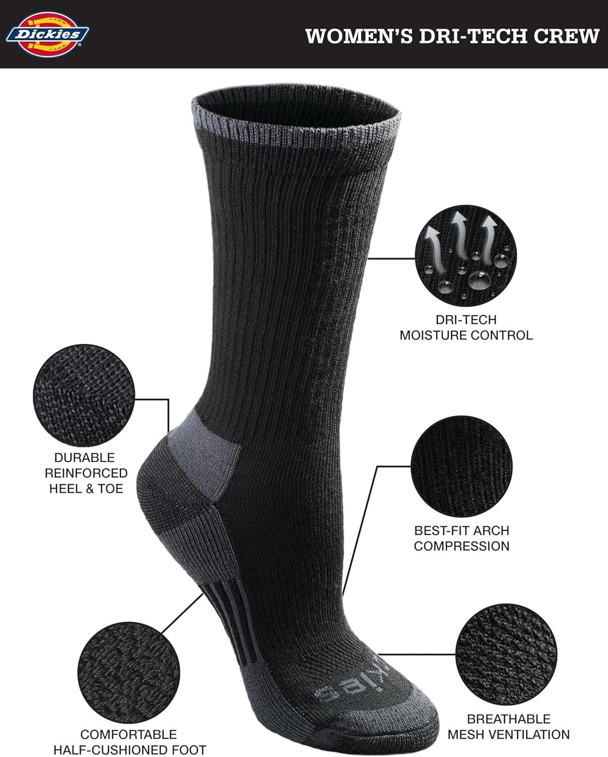 image:imageDickies Womens DriTech Essential Moisture Control Crew Socks Available in SXL 6 12 PairsBlack Assorted 6 Pairs