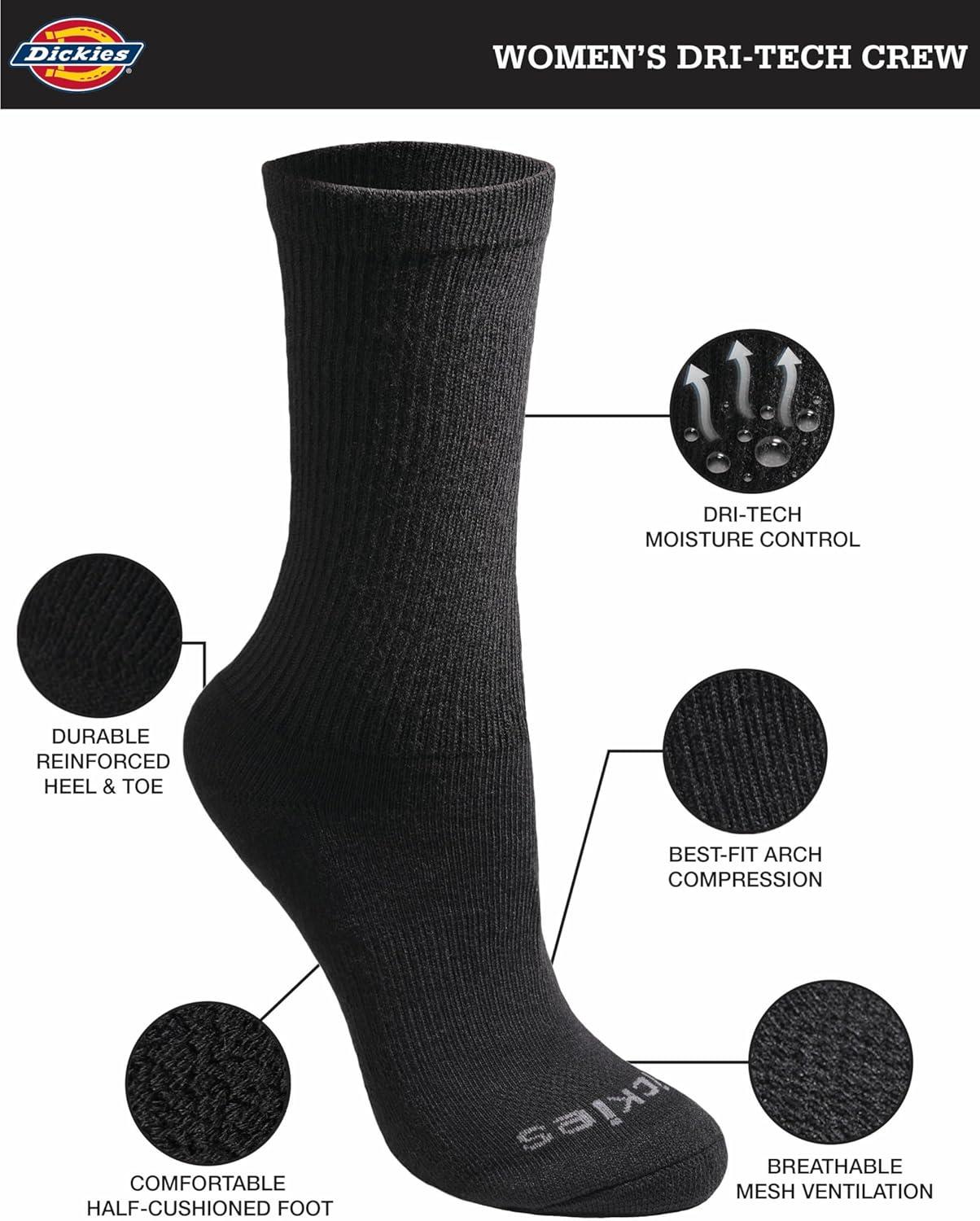 image:imageDickies Womens DriTech Essential Moisture Control Crew Socks Available in SXL 6 12 PairsBlack Solid 12 Pairs