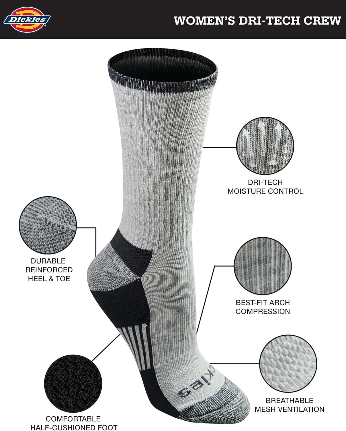 image:imageDickies Womens DriTech Essential Moisture Control Crew Socks Available in SXL 6 12 PairsGrey Assorted 6 Pairs