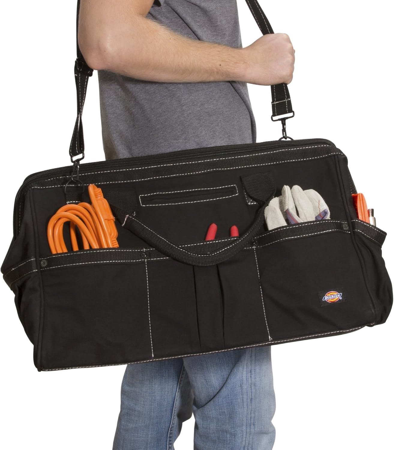 image:imageDickies 20Inch Durable Canvas Work Bag for Painters Carpenters and Builders HeavyDuty Zipper Reinforced Handles Exterior Pockets Shoulder Strap TanGreyBlack