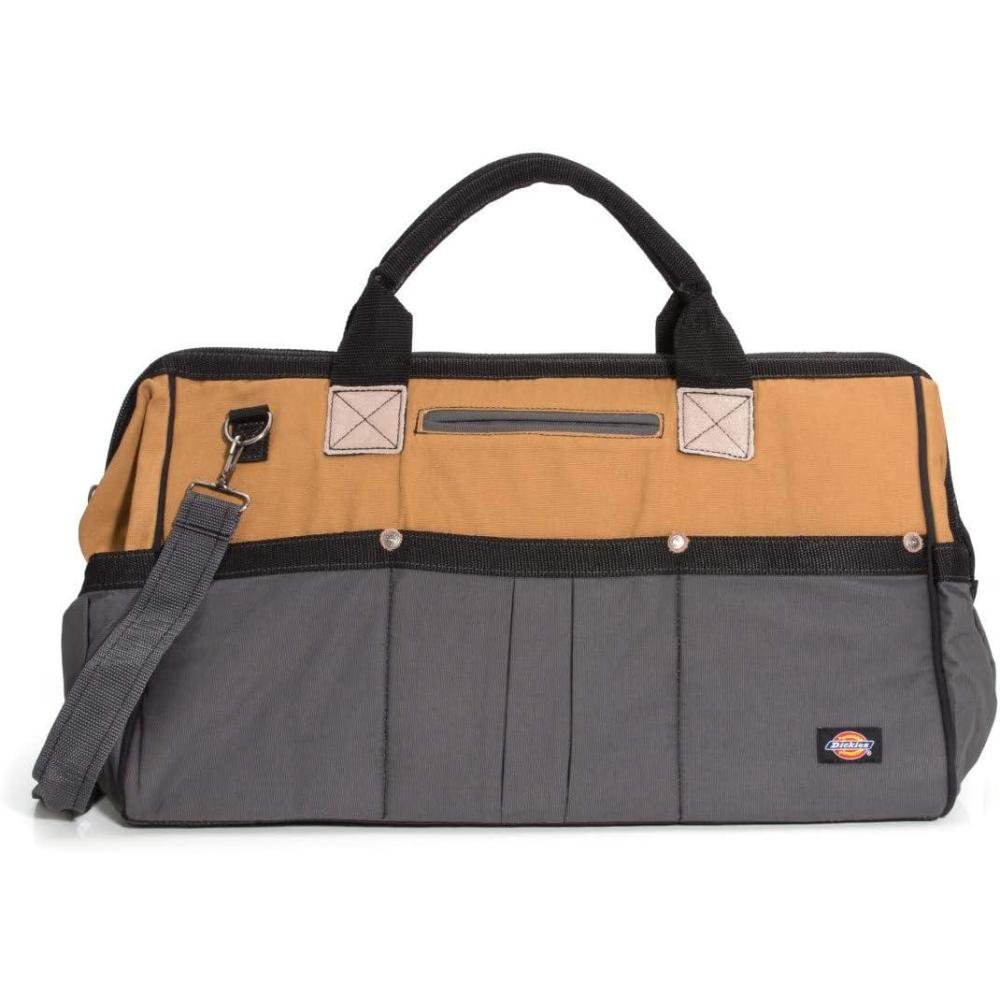 image:imageDickies 20Inch Durable Canvas Work Bag for Painters Carpenters and Builders HeavyDuty Zipper Reinforced Handles Exterior Pockets Shoulder Strap TanGreyTan
