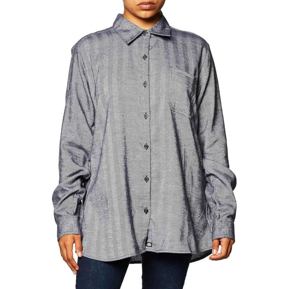 image:imageDickies Womens Long Sleeve Plaid Flannel ShirtBlue Two Tone Herringbone