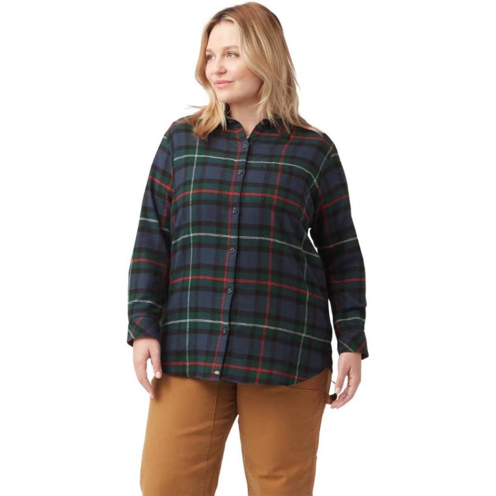 image:imageDickies Womens Long Sleeve Plaid Flannel ShirtInk Navy Tartan