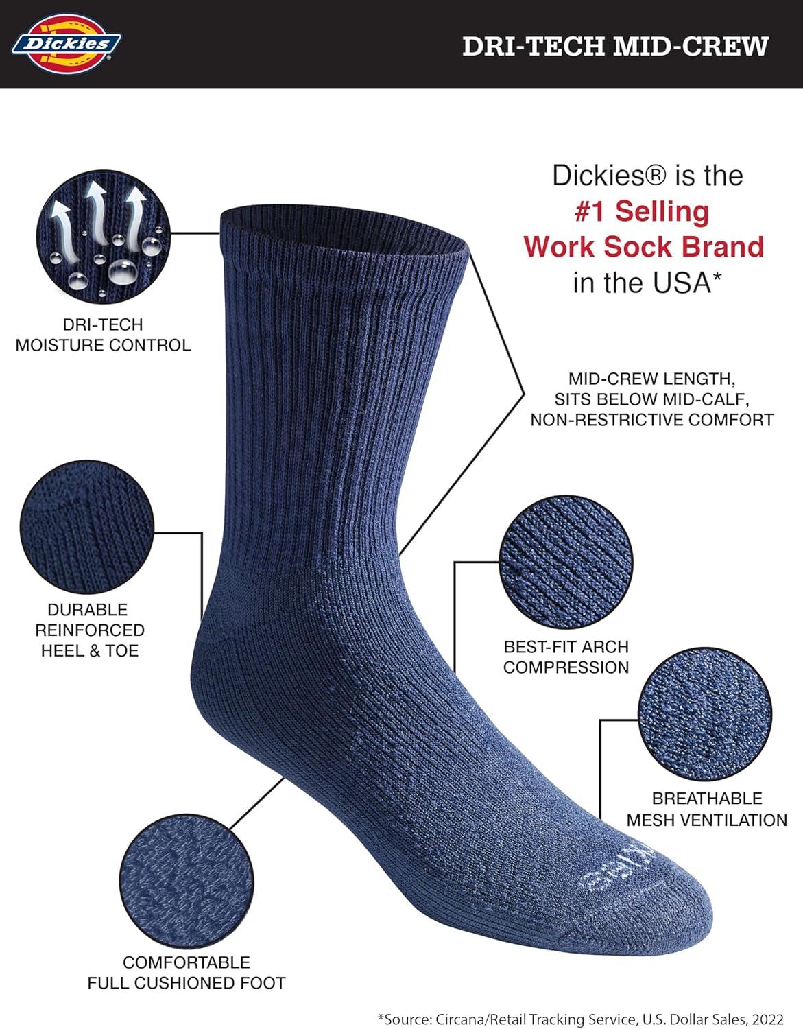 image:imageDickies Mens DriTech MidCrew Comfort Length Moisture Control Socks 6 12 PairsComfort Length Navy 6 Pairs