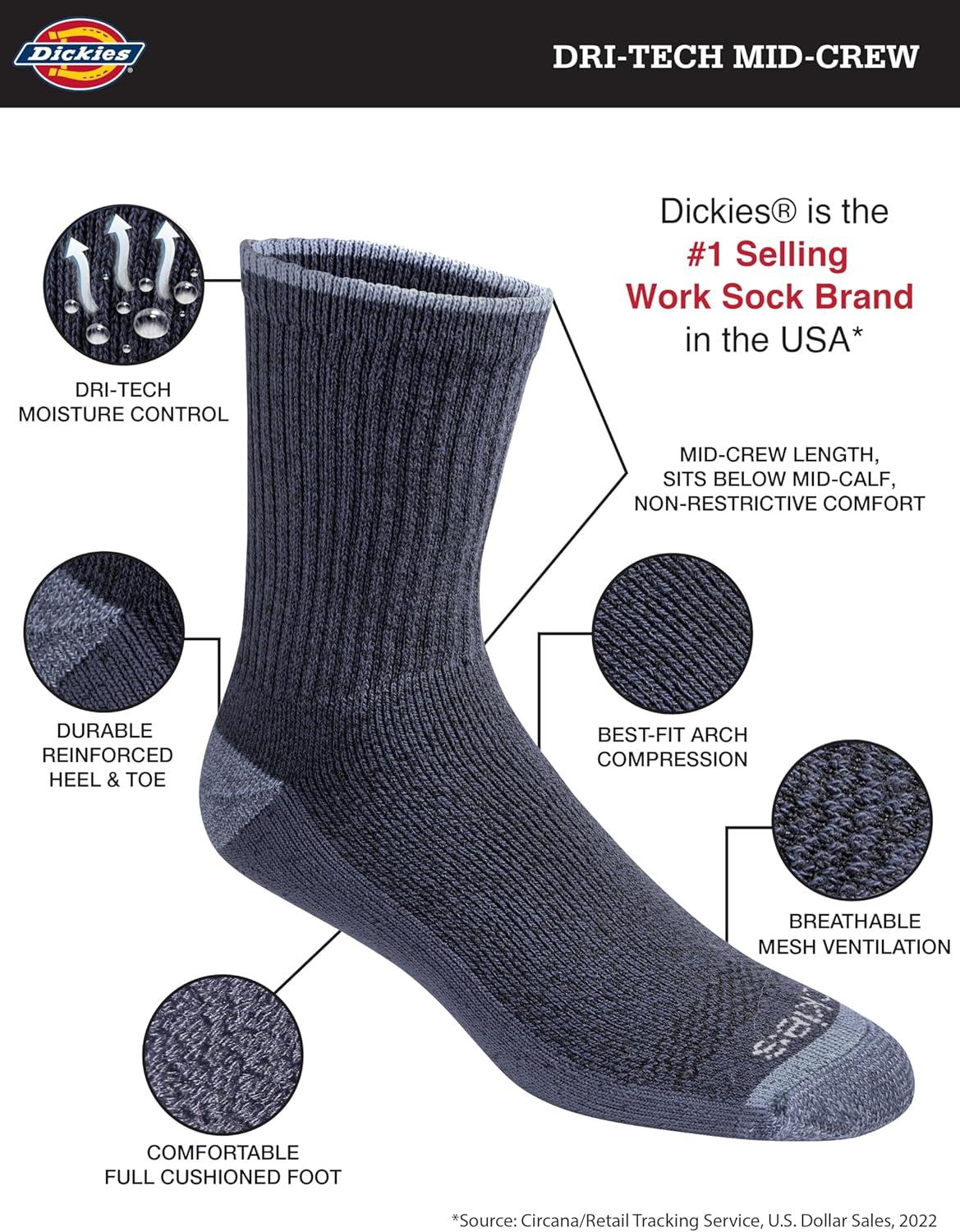 image:imageDickies Mens DriTech MidCrew Comfort Length Moisture Control Socks 6 12 PairsComfort Length Navy Marl Assorted 6 Pairs